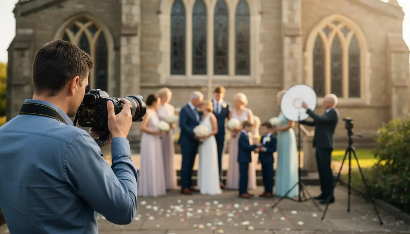 Fotograf tager stemningsfulde konfirmationsbilleder udenfor en kirke i blødt dagslys.