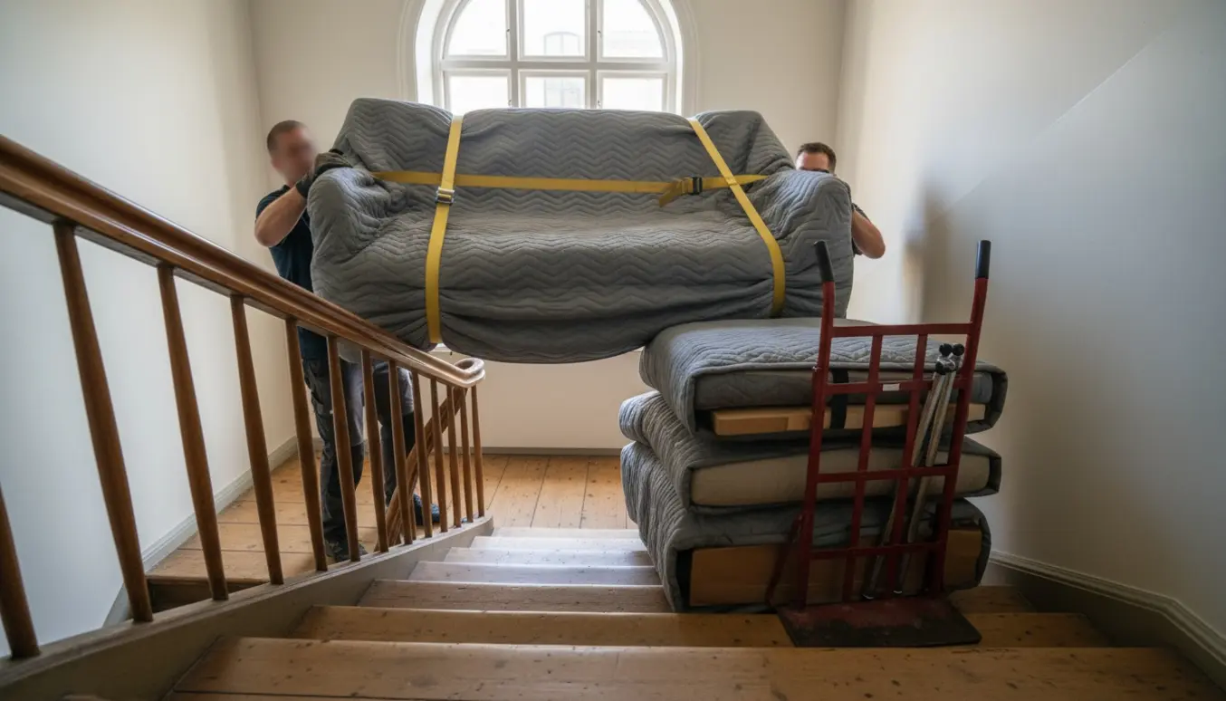 Flyttemedarbejdere bærer en stor sofa indpakket i flyttetæpper op ad en snæver trappe i en københavnsk lejlighed.