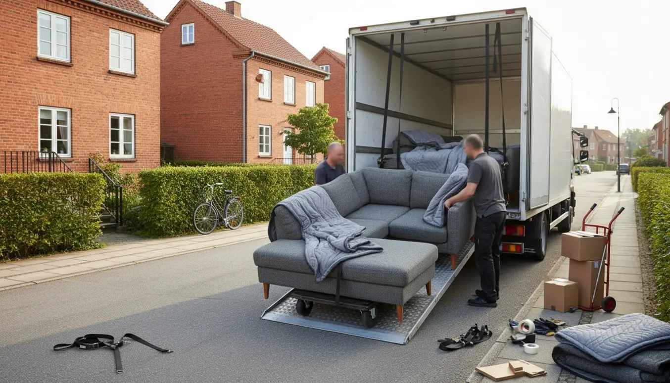 Tre-delt sofa læsses ind i en hvid flyttebil på en rolig dansk forstadsgade.