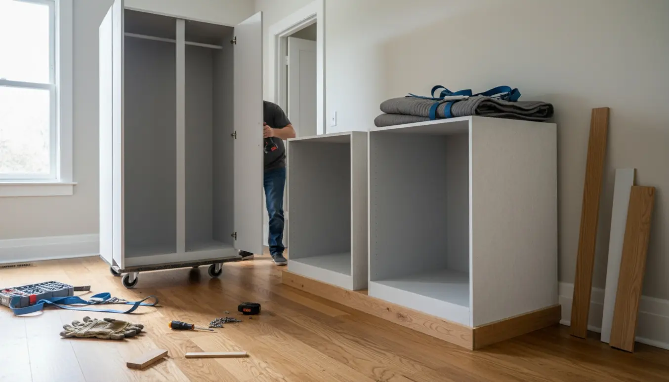 Fire malede indbygningsskabe flyttes fra værelse til gang med flyttekærre og værktøj, mens gulvlister er taget af.