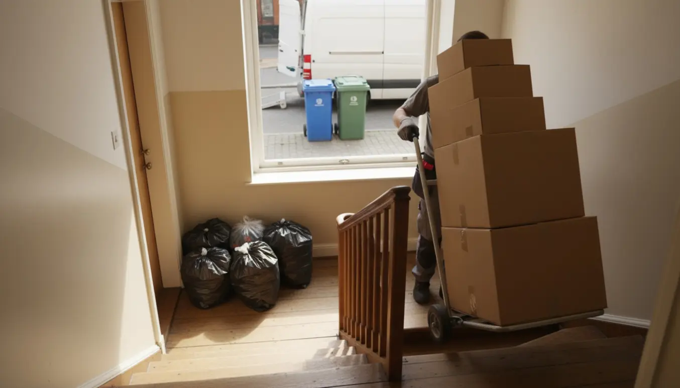 Flyttekasser og fem-seks affaldssække bæres ned ad en trappe mod en åben varevogn til genbrug.