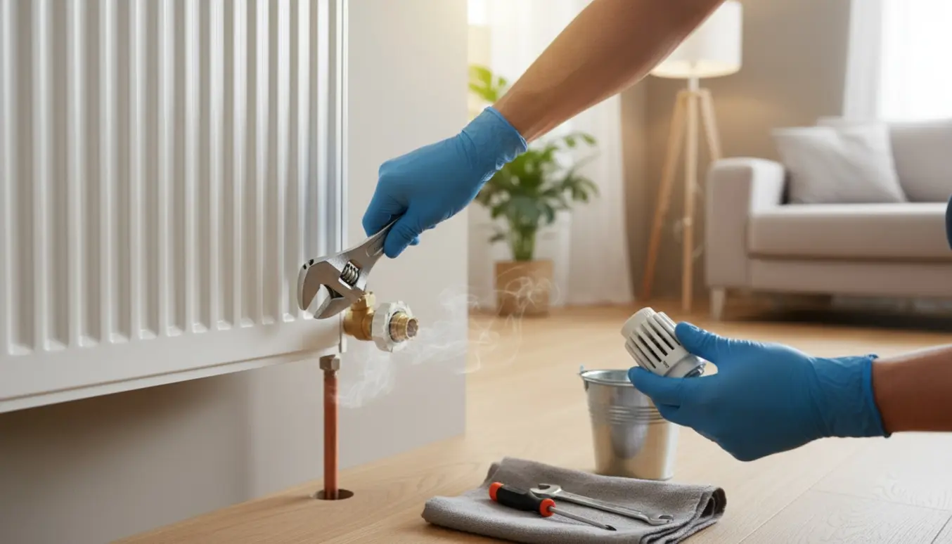Nærbillede af en defekt radiatortermostat i en stue, hænder med værktøj klar til at montere en ny termostat.