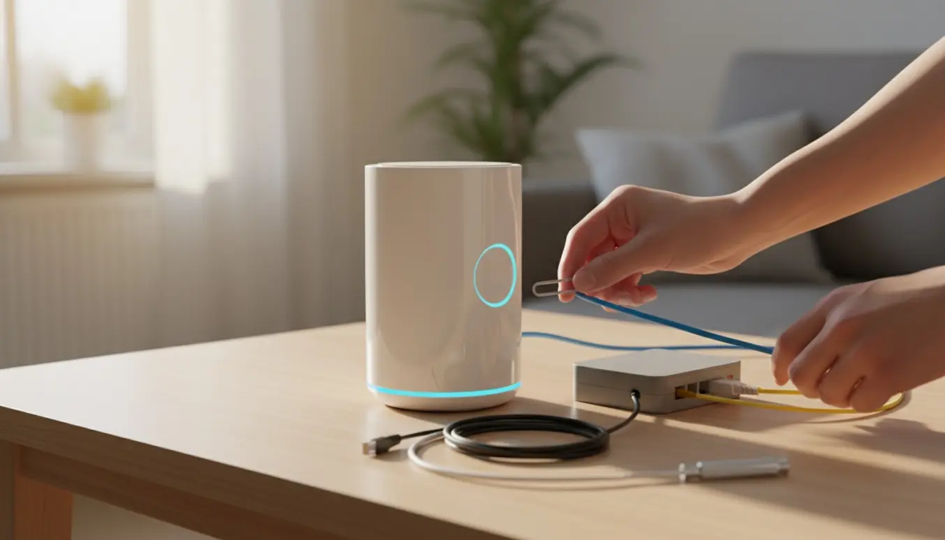 Hænder nulstiller og genopsætter en hjemmerouter og fiberboks på et bord.