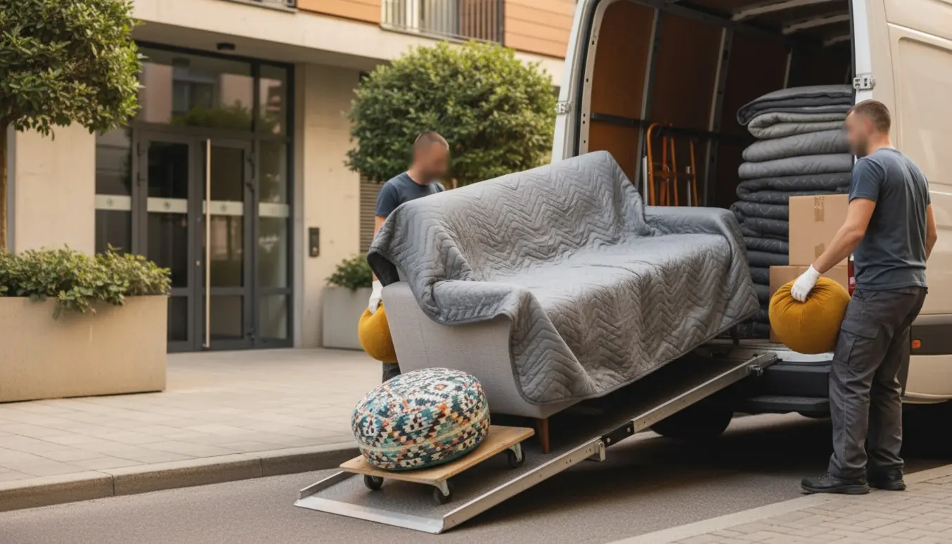 To flyttemænd laster en 2 meter sofa og to små puffer ind i en varevogn på en solrig morgen.