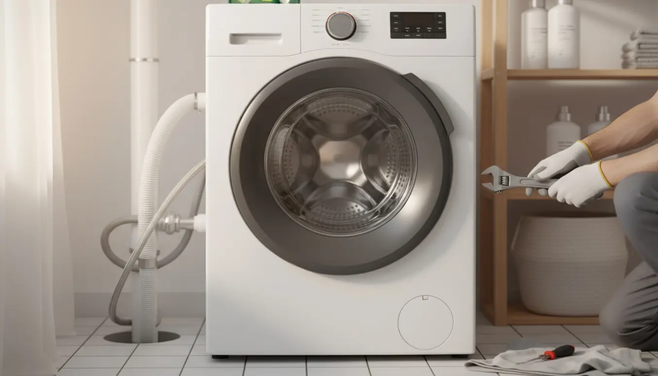 Installatør tilslutter slanger og justerer en kombineret vaskemaskine/tørretumbler i et lyst vaskerum.