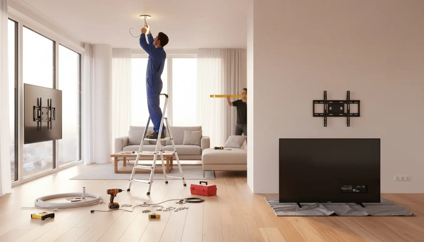 Hænder monterer to loftlamper og ophænger to fladskærme i et lyst, moderne opholdsrum.