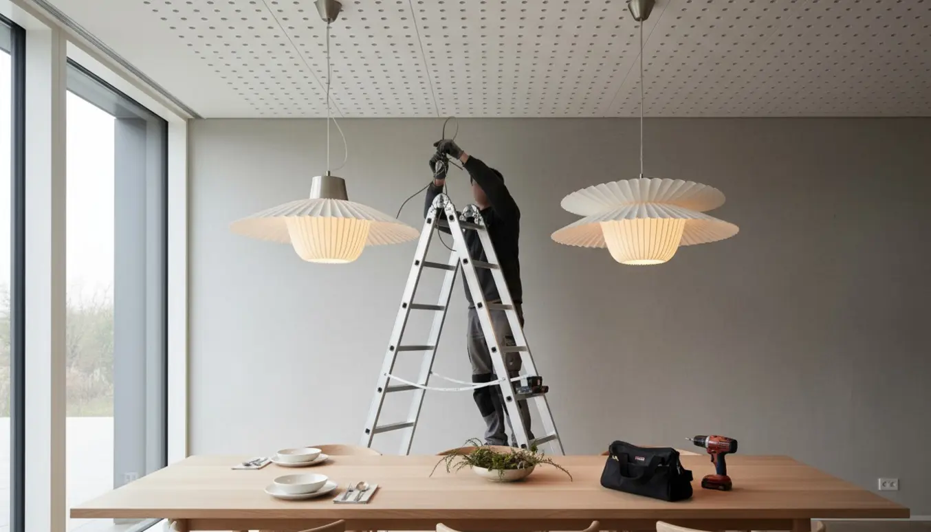 Installering af to le Klint Soleil-pendler i et rum med gipsloft med akustikhuller, en person på stige justerer ledningerne.