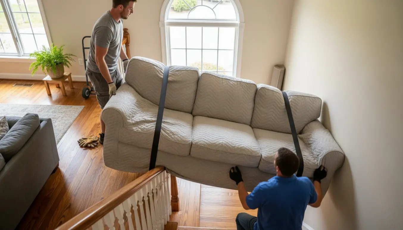 En 3-personers sofa løftes op ad en trappe mod 2. sal af to flyttemænd med tæpper og stropper i blødt middagsslys.