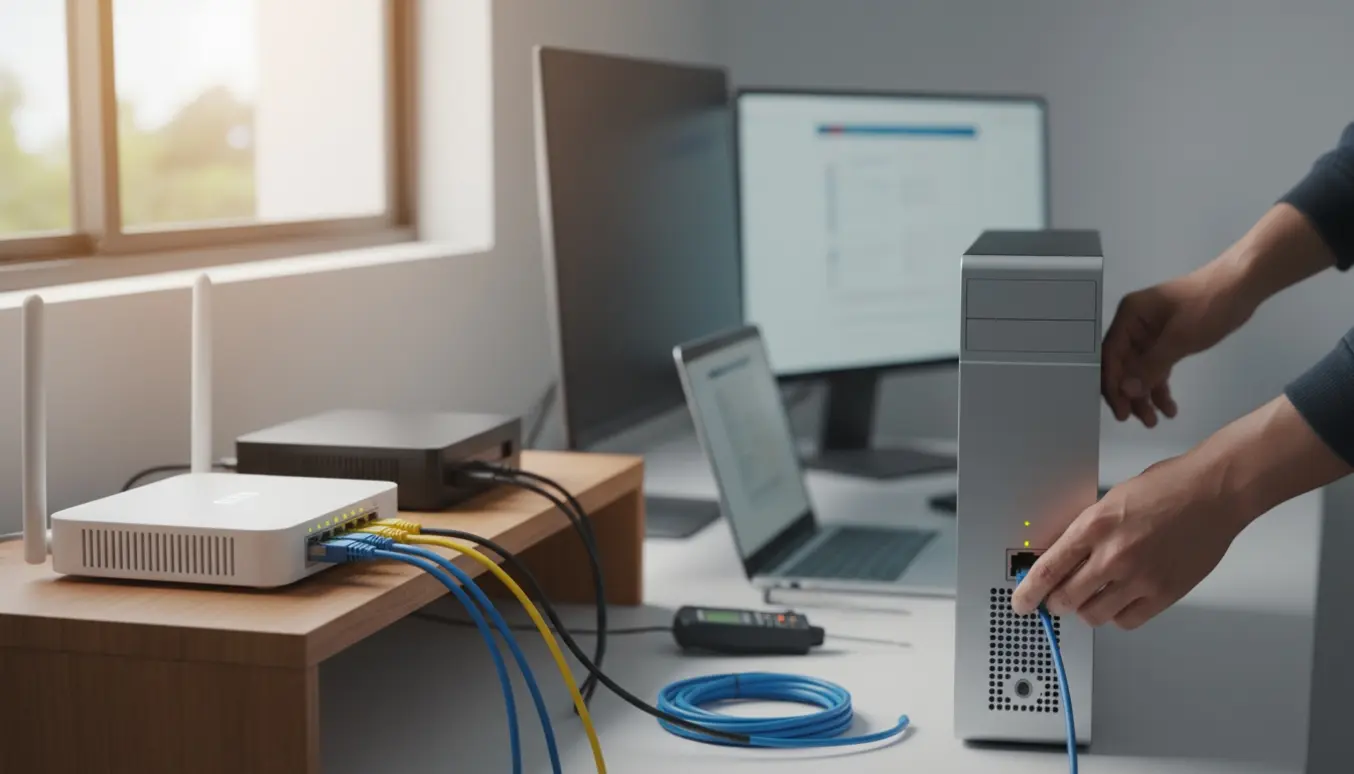 Hænder tilslutter et ethernet-kabel til en stationær PC foran en router og switch i et hjemmekontor.