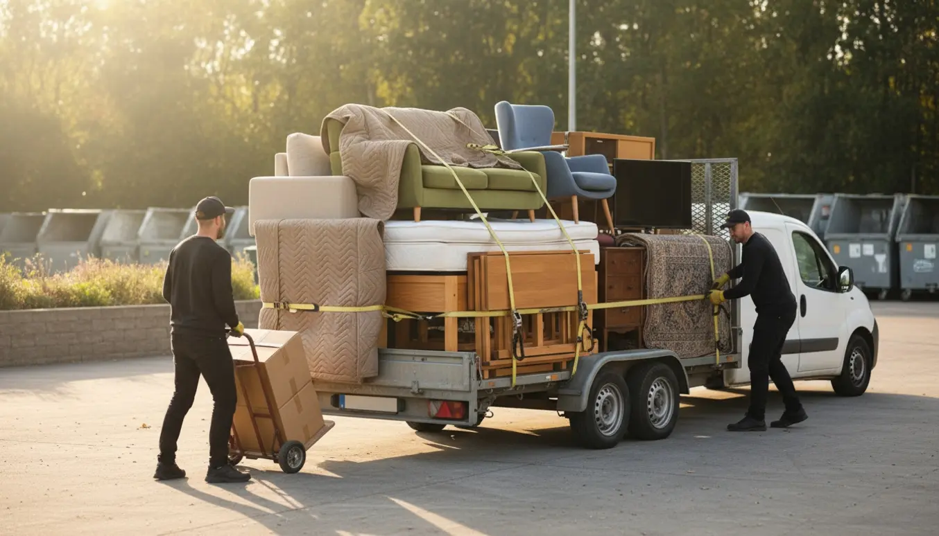 To mænd læsser sofaer, en seng, borde og andre møbler på en trailer ved en genbrugsplads klar til storskrald.