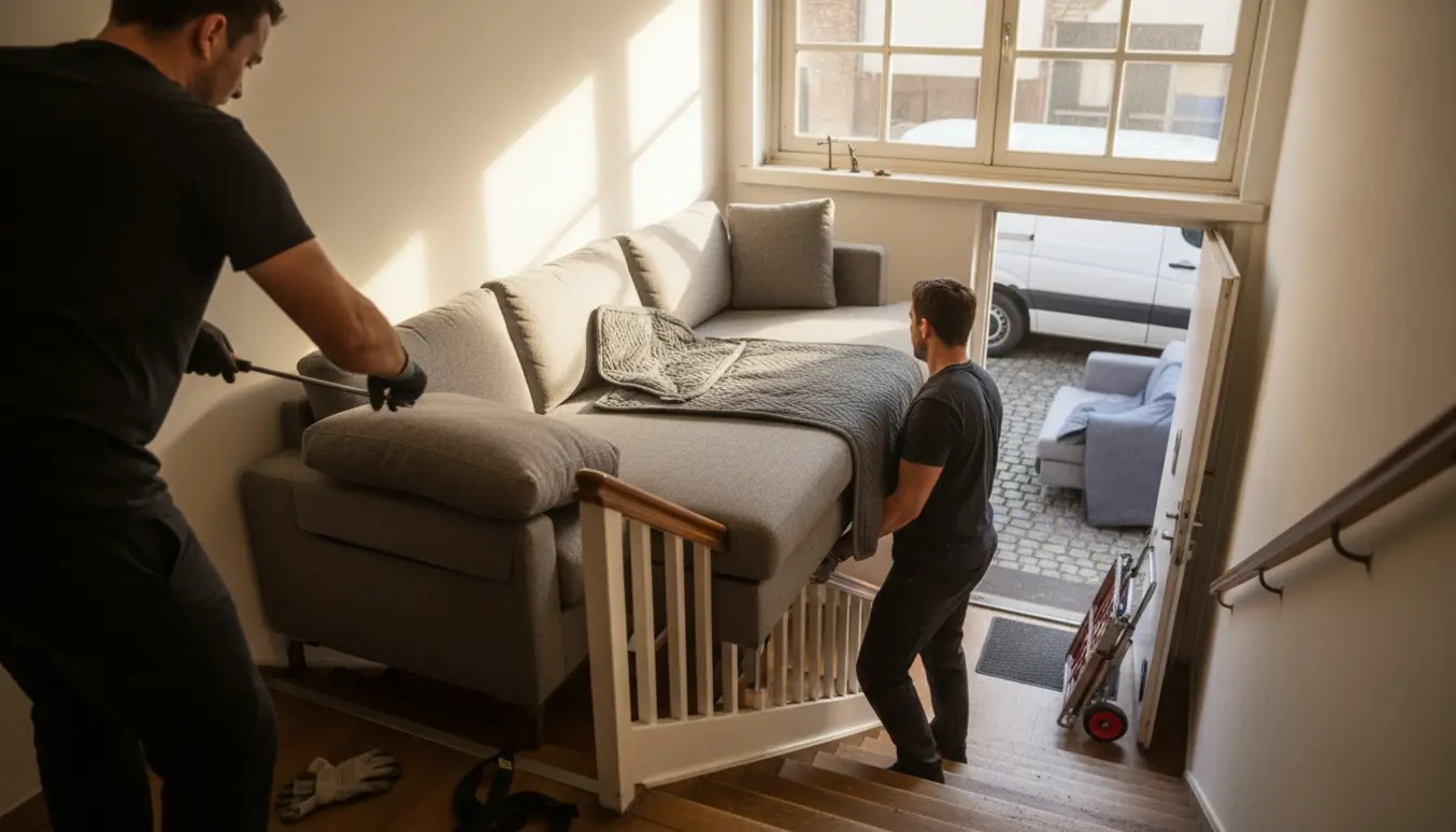 To personer skiller og bærer en tung sovesofa med chaiselong ned ad en trappe mod en åben varebil.