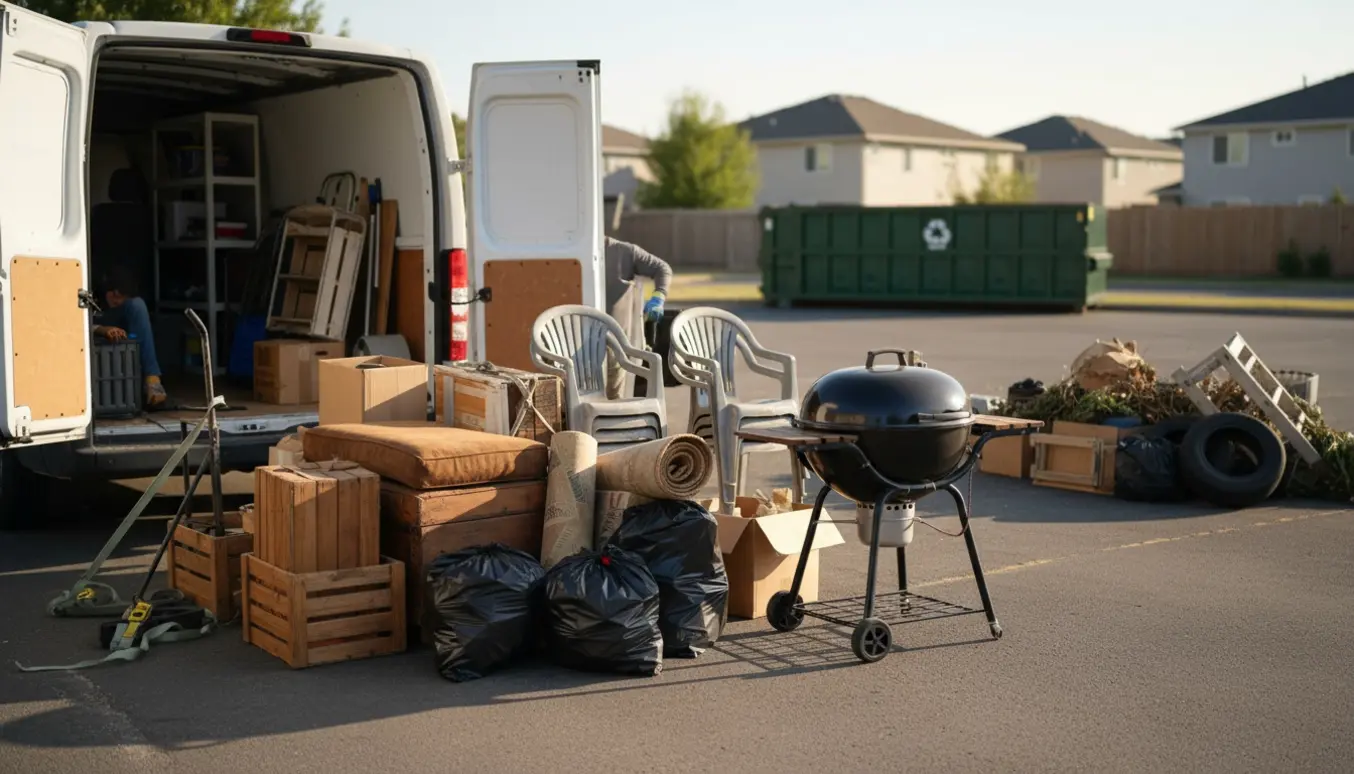 Åben varevogn ved carport med storskrald og en gammel amerikansk grill klar til afhentning til genbrugspladsen.