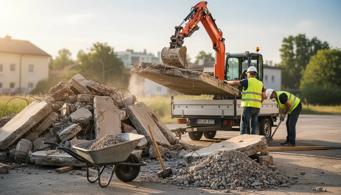 Knust beton fra en revet væg bliver læsset på en trailer med en minigraver i en støvet baggård.