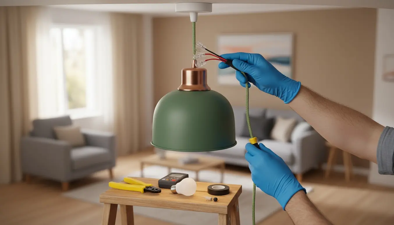 Opsætning af en flowerpot loftslampe med handskerede hænder, der tilslutter ledninger på en stige.