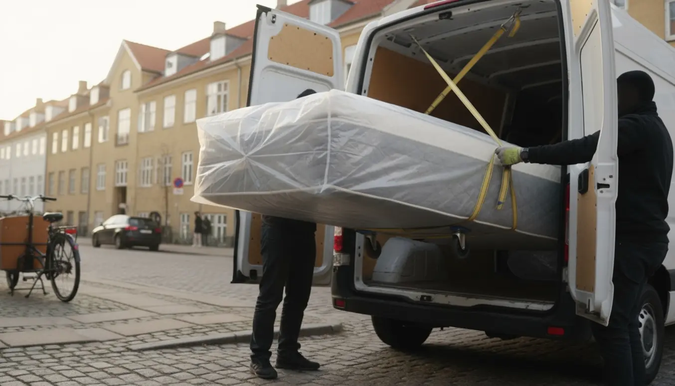 Stor 160x200 madras i beskyttelsespose læsses ind i en flyttebil på en rolig københavnsk gade.
