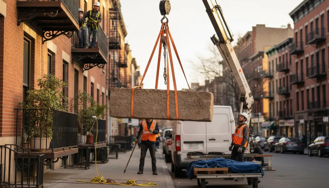 Tung stenplade sænkes fra en 4. sals altan til gadeplan med kran og arbejdshold.