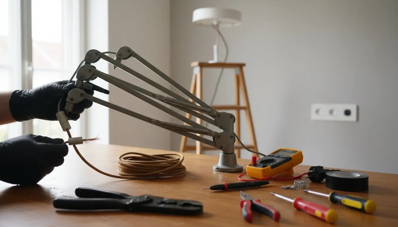 Nærbillede af hænder, der monterer en femarmet Jielde-lampe og arbejder med afisolerede ledninger, dimmer og nyt stik på et arbejdsbord.