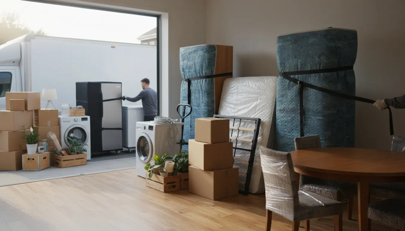 Flyttefolk læsser skabe, hvidevarer, møbler og flyttekasser ved en lejlighed i blødt morgenlys.