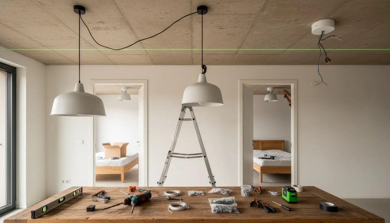 Installation af tre loftlamper under et betonloft med stige, boremaskine, værktøj og laser til justering.