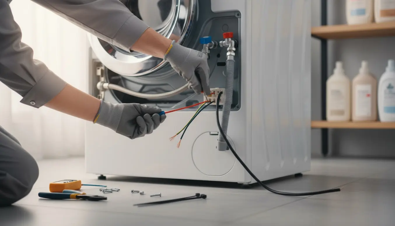 En installatør forbinder ledninger til vaskemaskinens klemmeboks i et lyst, ryddeligt vaskerum.