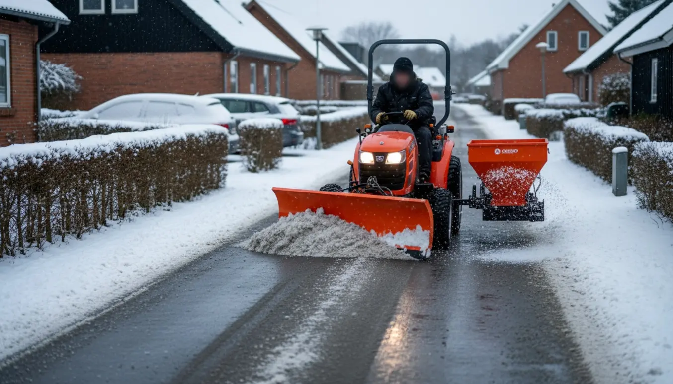 En traktor rydder sne og spreder salt på en smal privat fællesvej i Risskov.