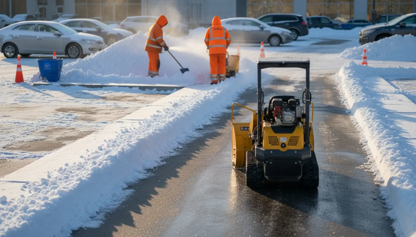 En parkeringsplads på ca. 800 m² delvist ryddet for sne med en snerydningsmaskine og snebunker langs kanten.