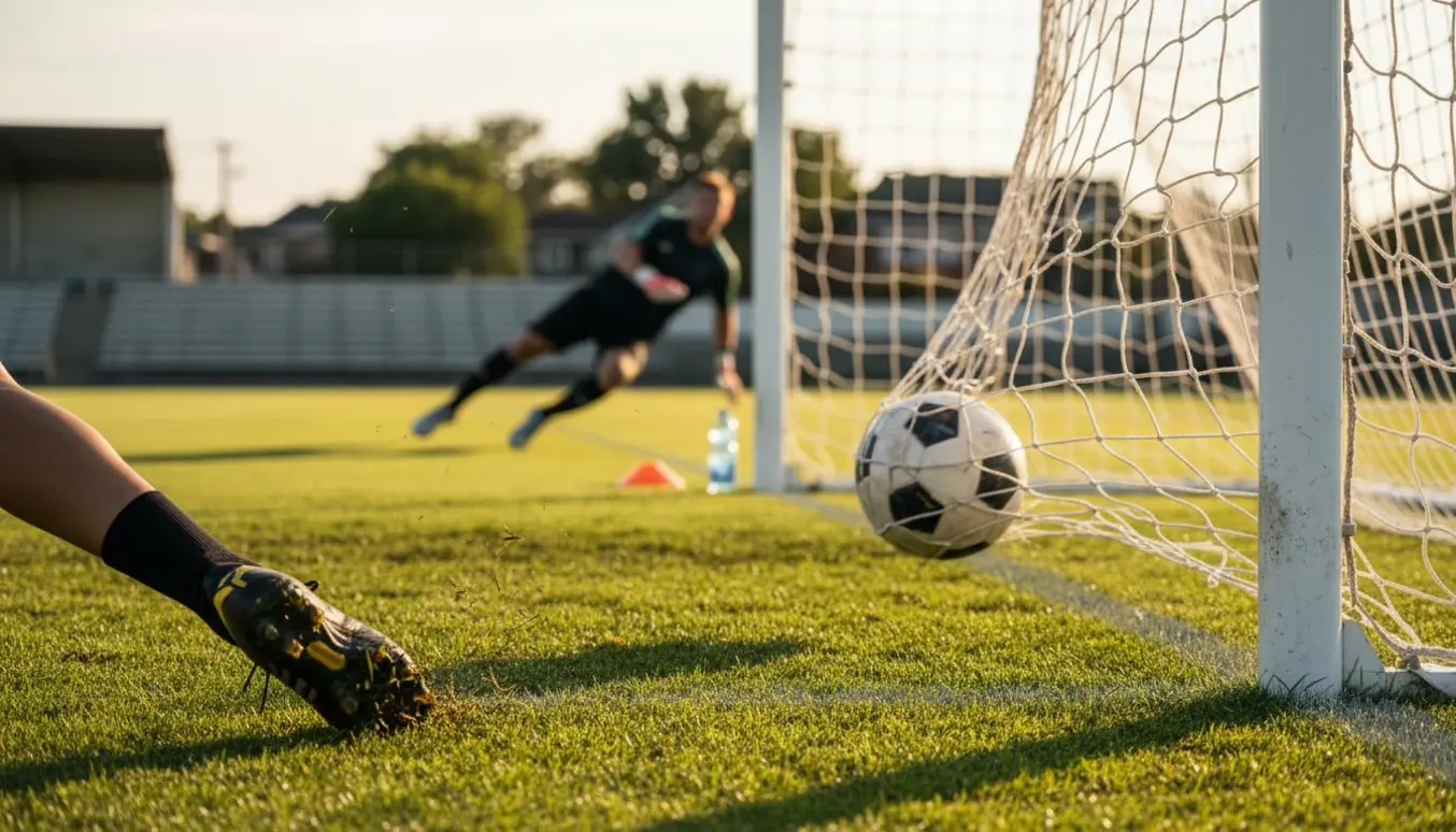 Fodboldbold presser målnettet efter et kraftfuldt skud på en solbeskinnet bane.
