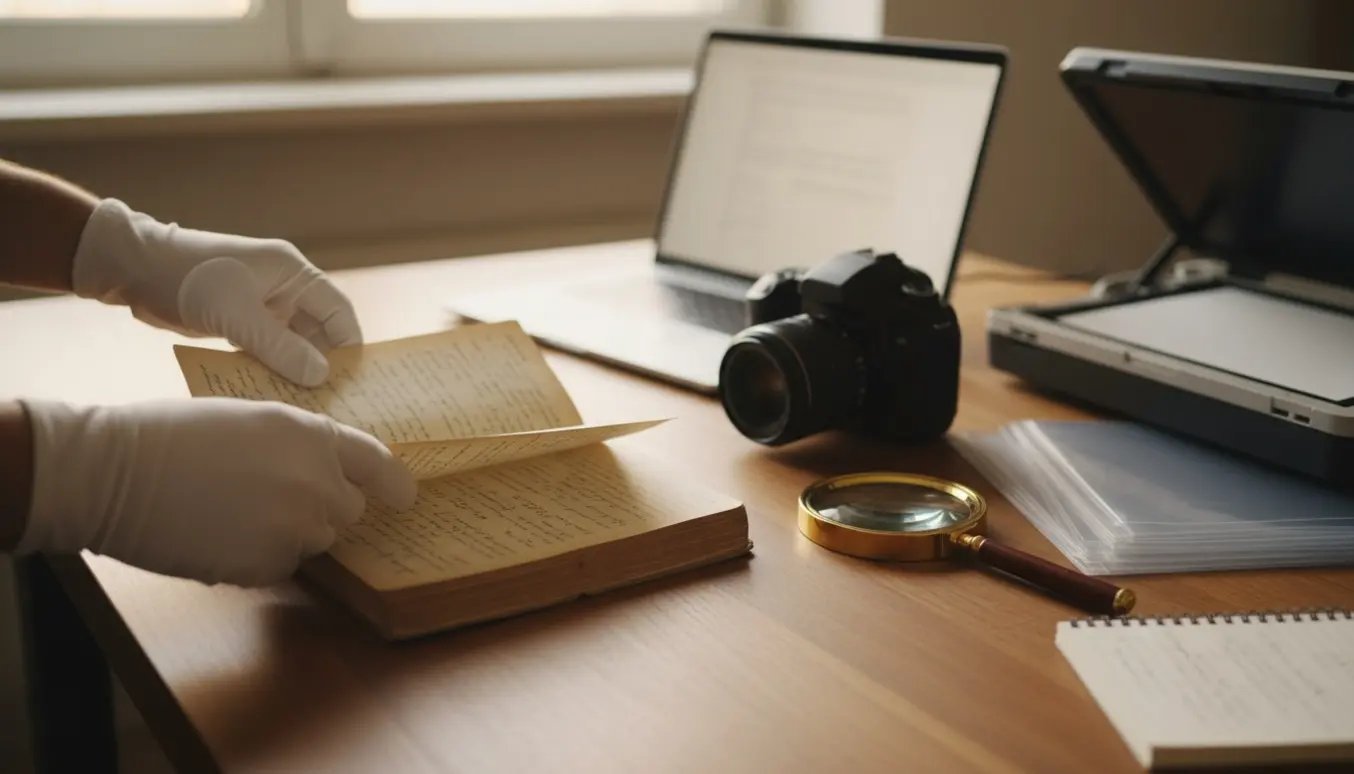 Hænder i bomuldshandsker gennemgår en gammel håndskrevet dagbog fra 2. Verdenskrig ved et træbord med lup og bærbar computer.
