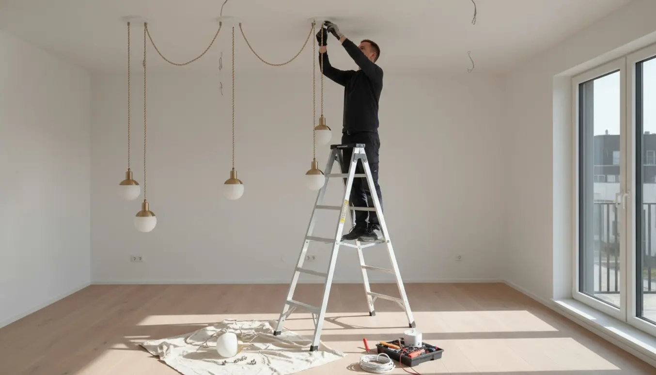 Elektriker monterer loftslampe i en lys, ny lejlighed med flere klare loftskroge og værktøj i forgrunden.