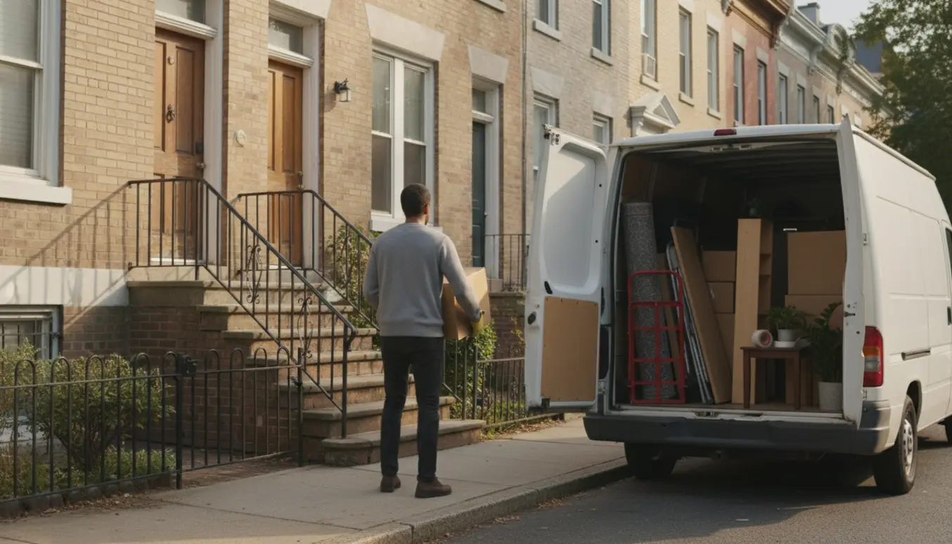 En person bærer en flyttekasse op ad trappen fra et rækkehus med stakkede kasser og møbler og en flyttebil parkeret udenfor.