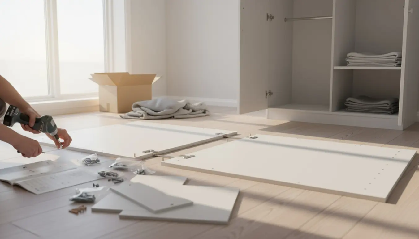 Nærbillede af hænder, der samler to hvide fladpakkede skabe i et lyst, skandinavisk soveværelse.