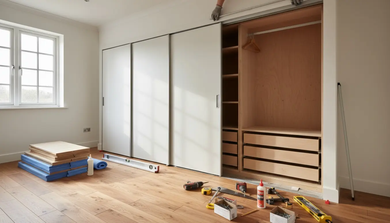 Soveværelse under renovering med delvist lagt trægulv, tre skydedøre og indbygget klædeskabsindmad under montering.