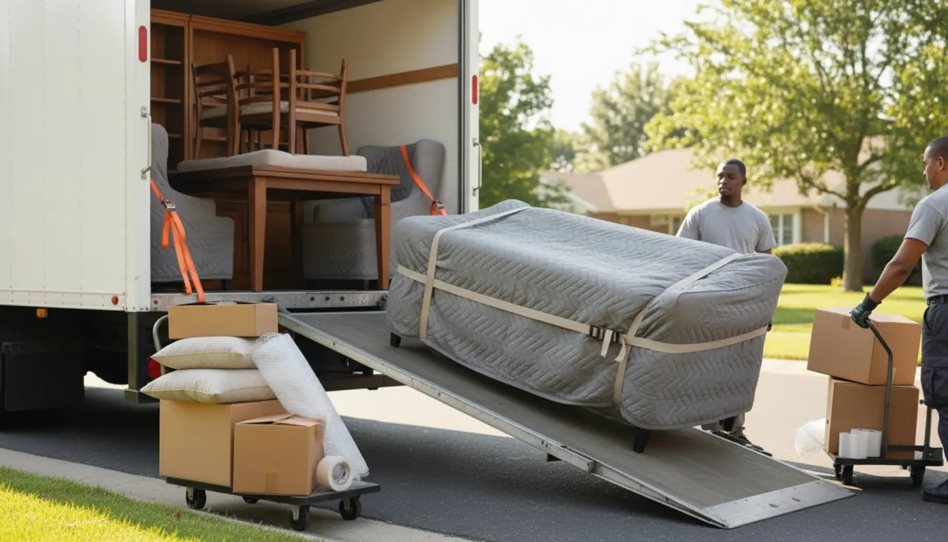 To personer læsser indpakkede møbler og flyttekasser ind i en hvid flyttebil på en solrig villavej.