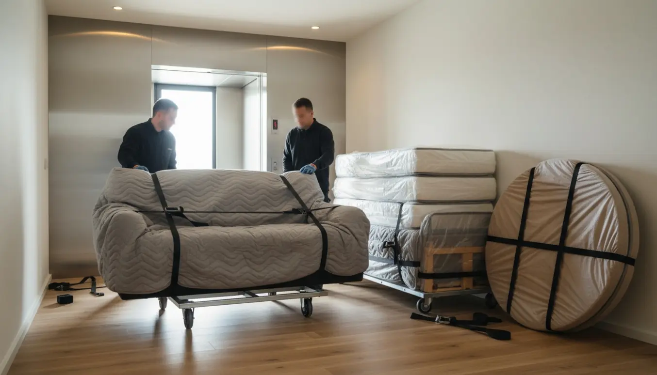 Flyttefolk fører en polstret sofa, indpakkede senge, et rundt spisebord og daybeds ind i en åben elevator.