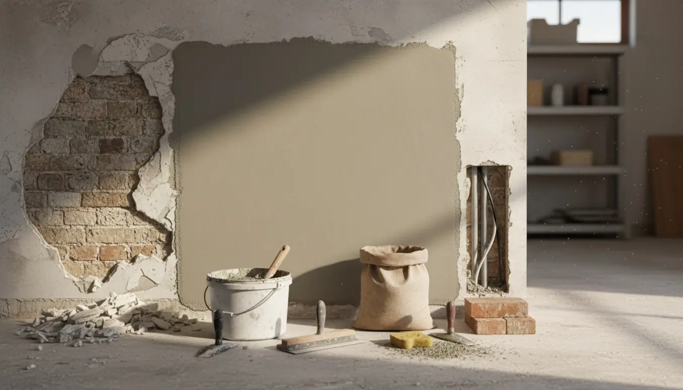 Garagevæg under istandsættelse med nedbanket puds, frisk påført reparationspuds og nye mursten klar til opmuring.