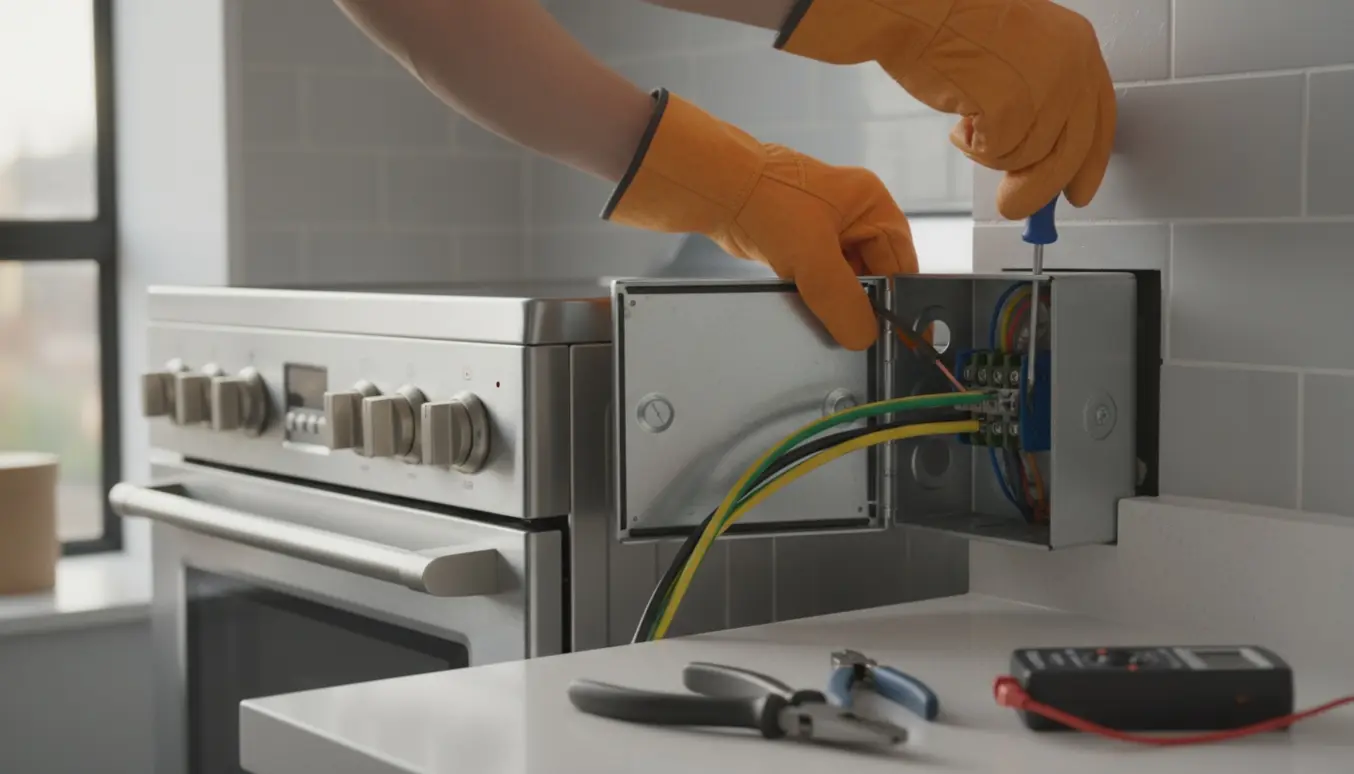 Nærbillede af hænder i isolerede handsker, der tilslutter et komfurs kraftkabel til en åben strømdåse bag et komfur i et lyst køkken.