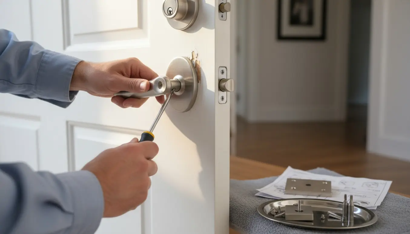 Nærbillede af hænder, der med skruetrækker monterer indvendigt håndtag på en hoveddør med skruer og værktøj ved siden af.