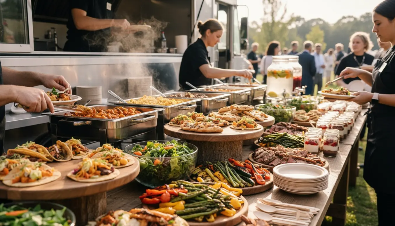 En foodtruck ved et udendørs buffetbord med forskellige retter og stabler af tallerkener klar til servering.