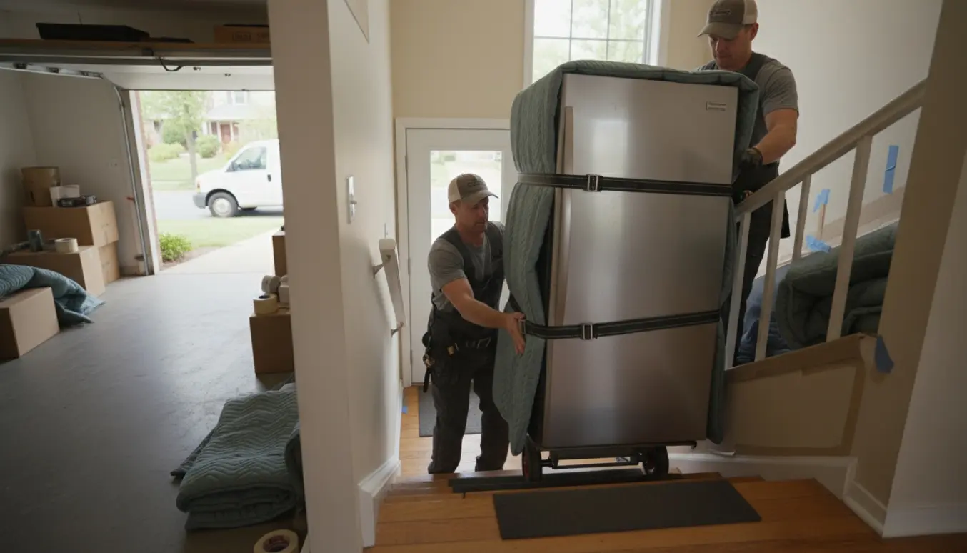 Flytning af et rustfrit køleskab op ad en trætrappe med flytteudstyr og beskyttelse, ingen tydelige ansigter.