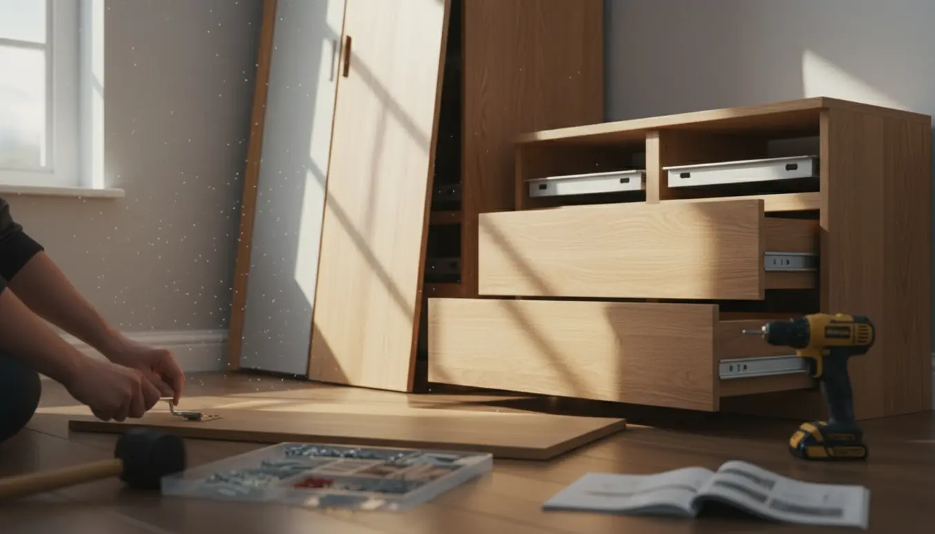 Hænder samler et skab og en kommode med værktøj og træpaneler i et lyst værelse.