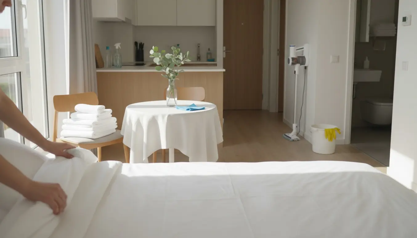 Skift af sengetøj og rengøring i en lys Airbnb-lejlighed med rene lagner og rengøringsmidler.