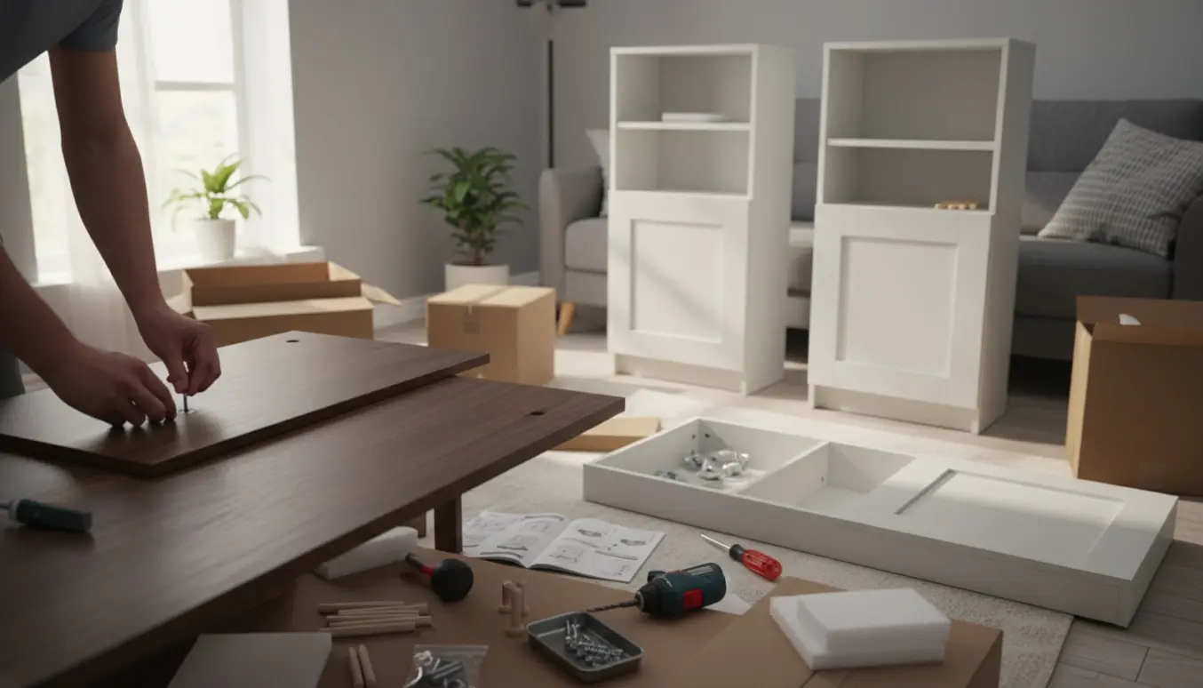 Hænder samler et mørkebrunt skrivebord og hvide reoler med døre i en lys stue.