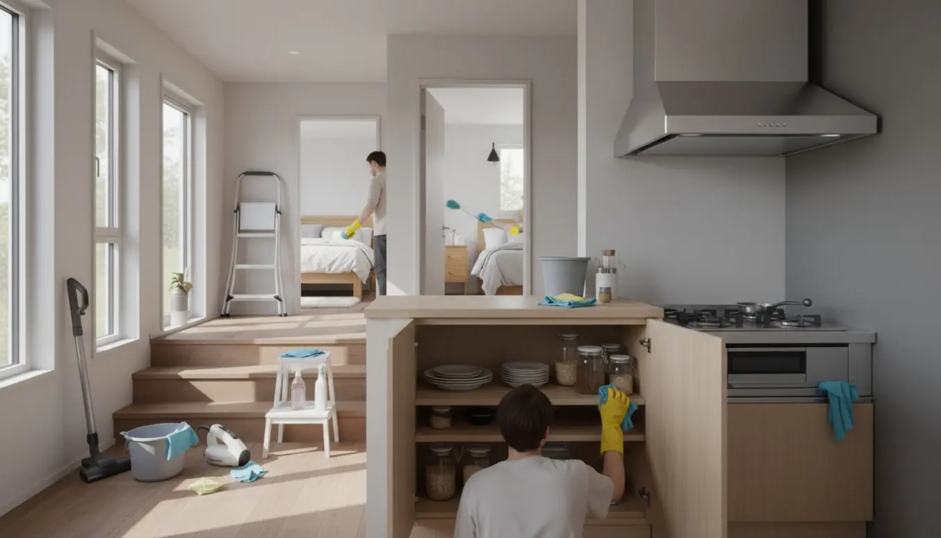 Grundig rengøring i et lille hus med åbent køkken/stue, hvor skabe er åbne og emhætten pudses.
