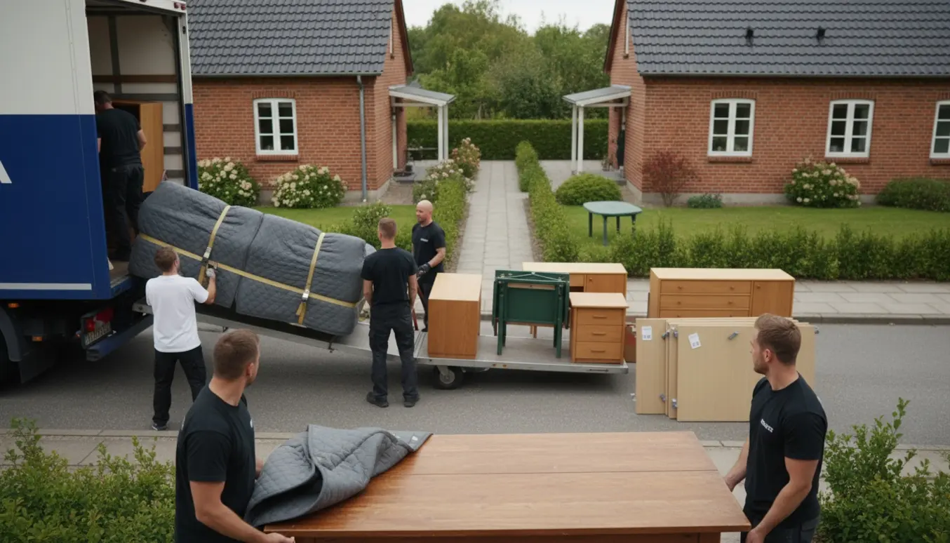 Flyttefolk bærer møbler og stabler adskilte skabe ved indkørsel og ind i en flyttebil, ansigter ude af fokus.