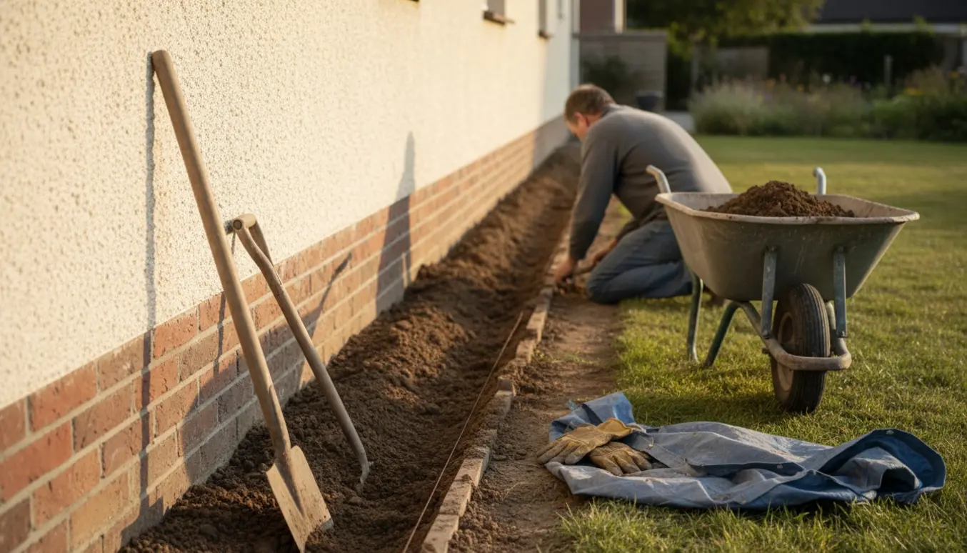 En arbejder graver en smal rende langs en mur med skovl, trillebør og værktøj ved siden af.