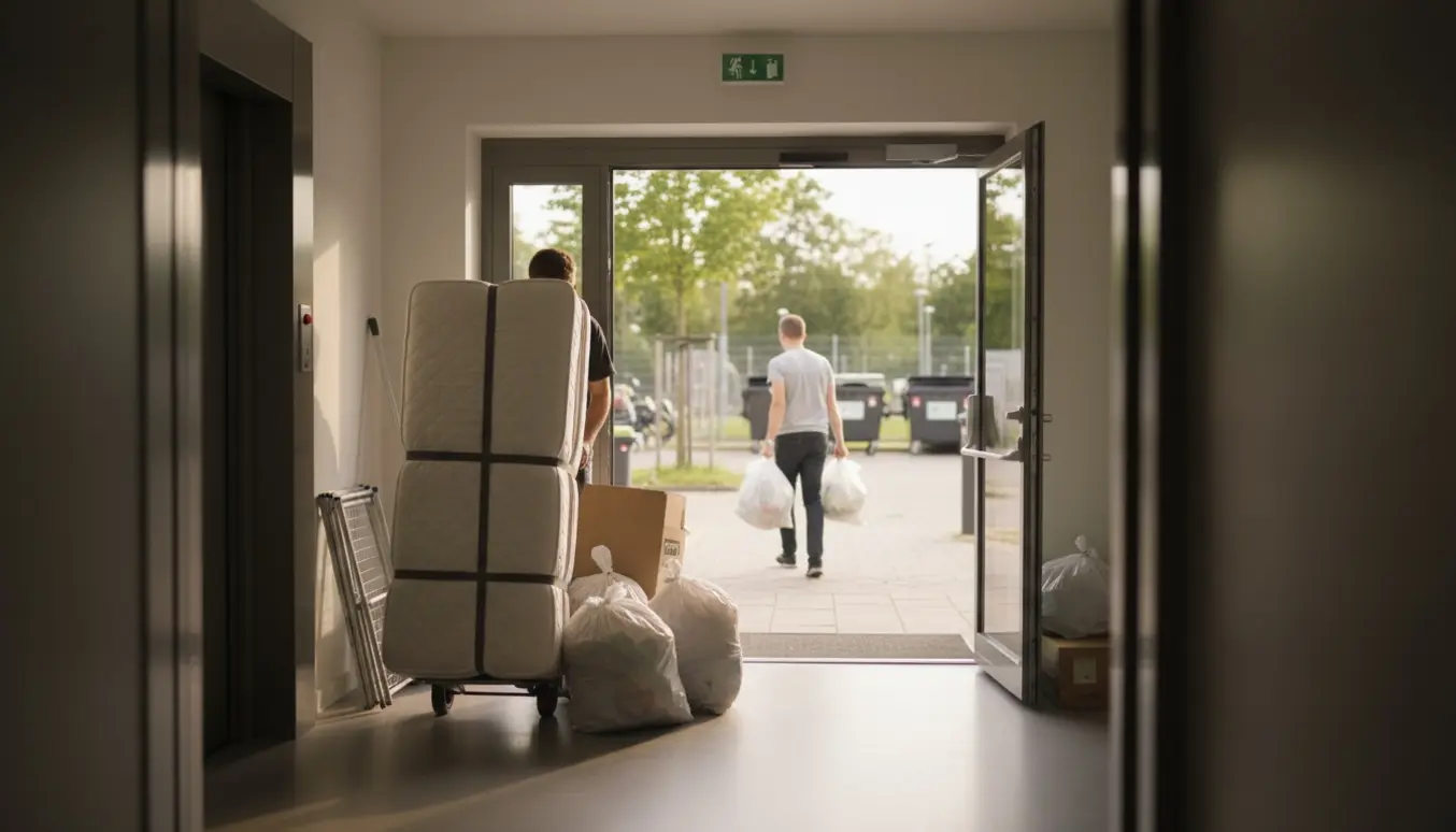 Topmadras, affaldssække og pap bæres ud mod en affaldsstation i baggrunden, ansigter ikke synlige.