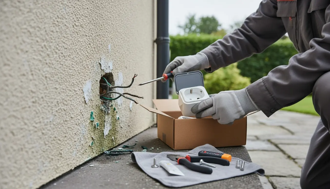 Hænder arbejder med at udskifte en utæt udendørs stikkontakt ved husmuren, med værktøj og en ny vejrbestandig kontakt klar.