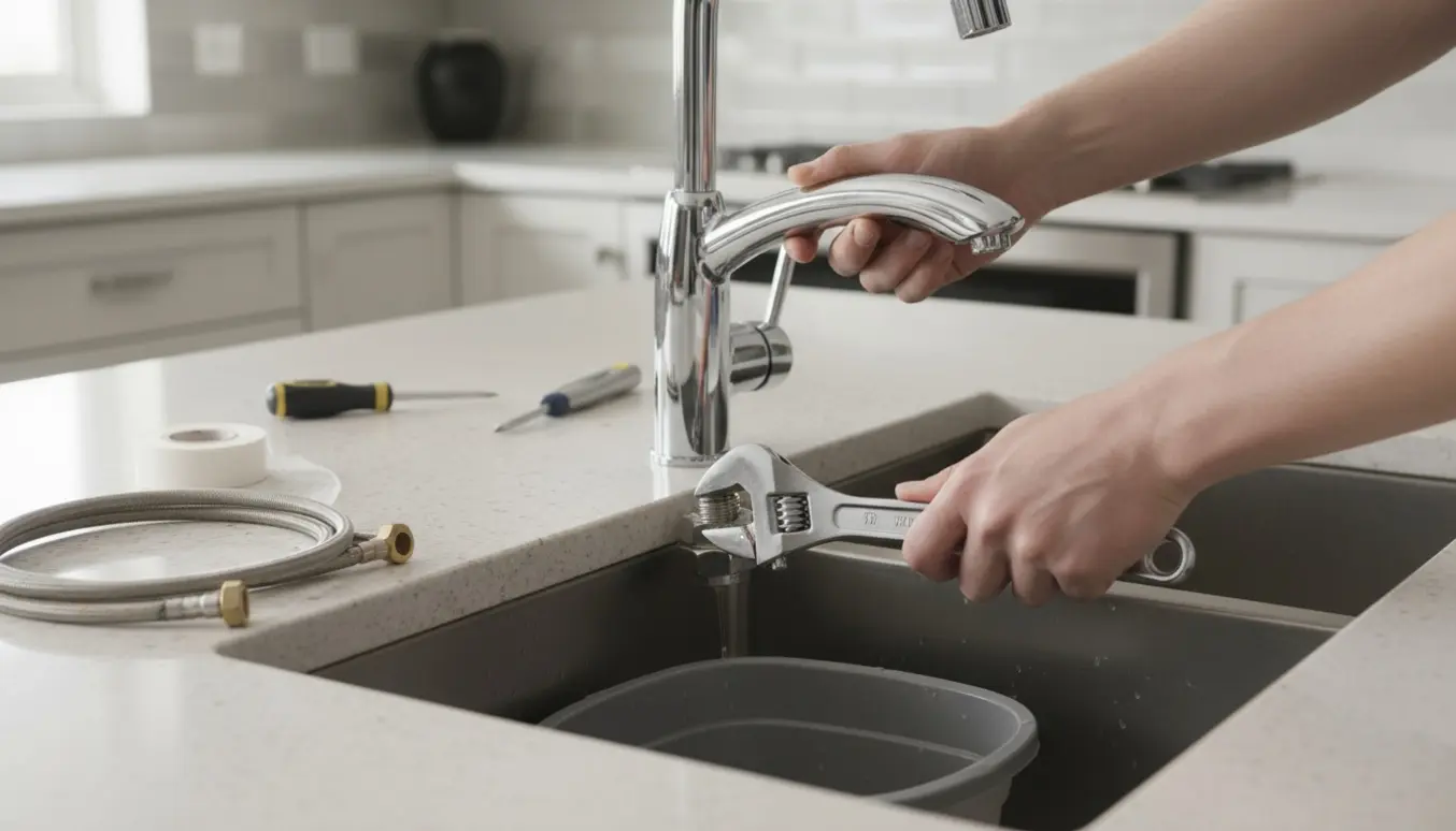 Hænder udskifter et krom udtrækskøkkenarmatur ved en vask med flexslanger og værktøj.