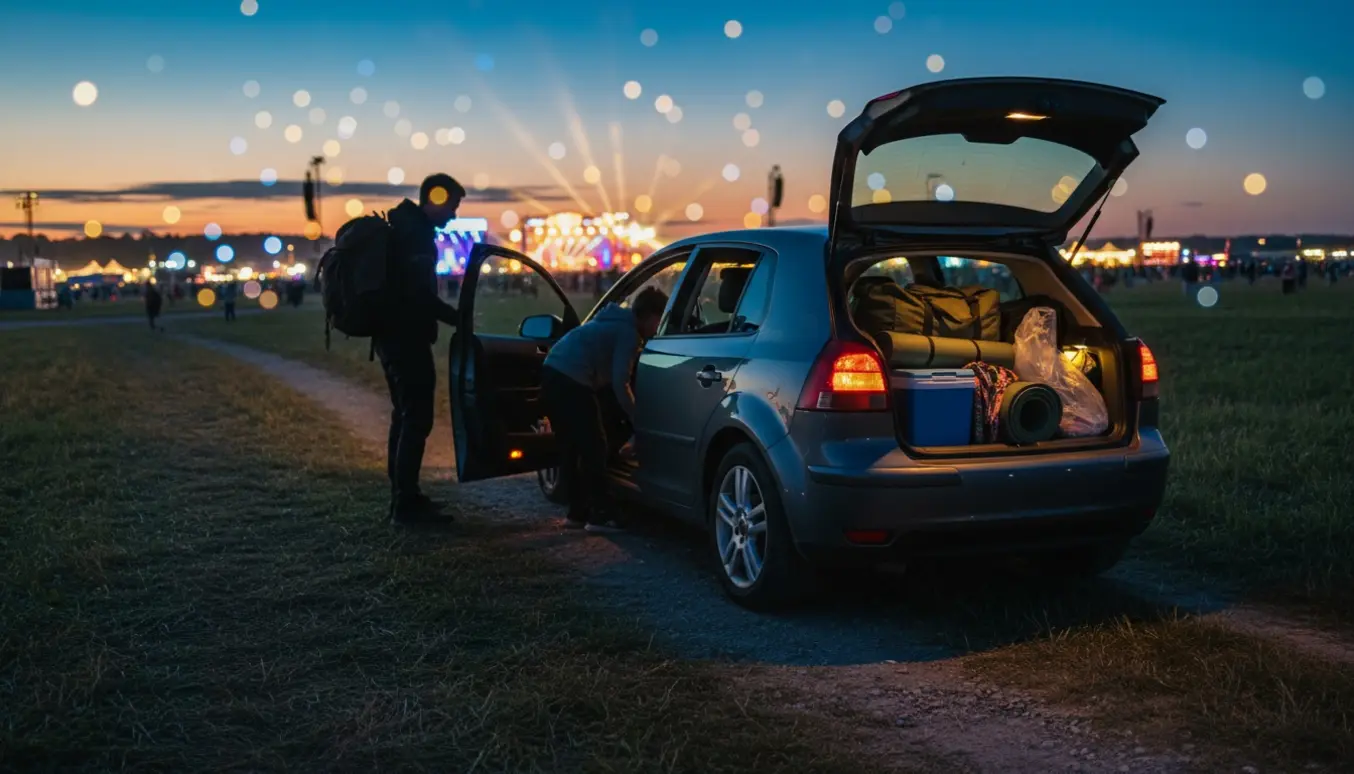 Bil parkeret ved festival i skumringen med åben bagagerum og to personer set bagfra, klar til kørsel.