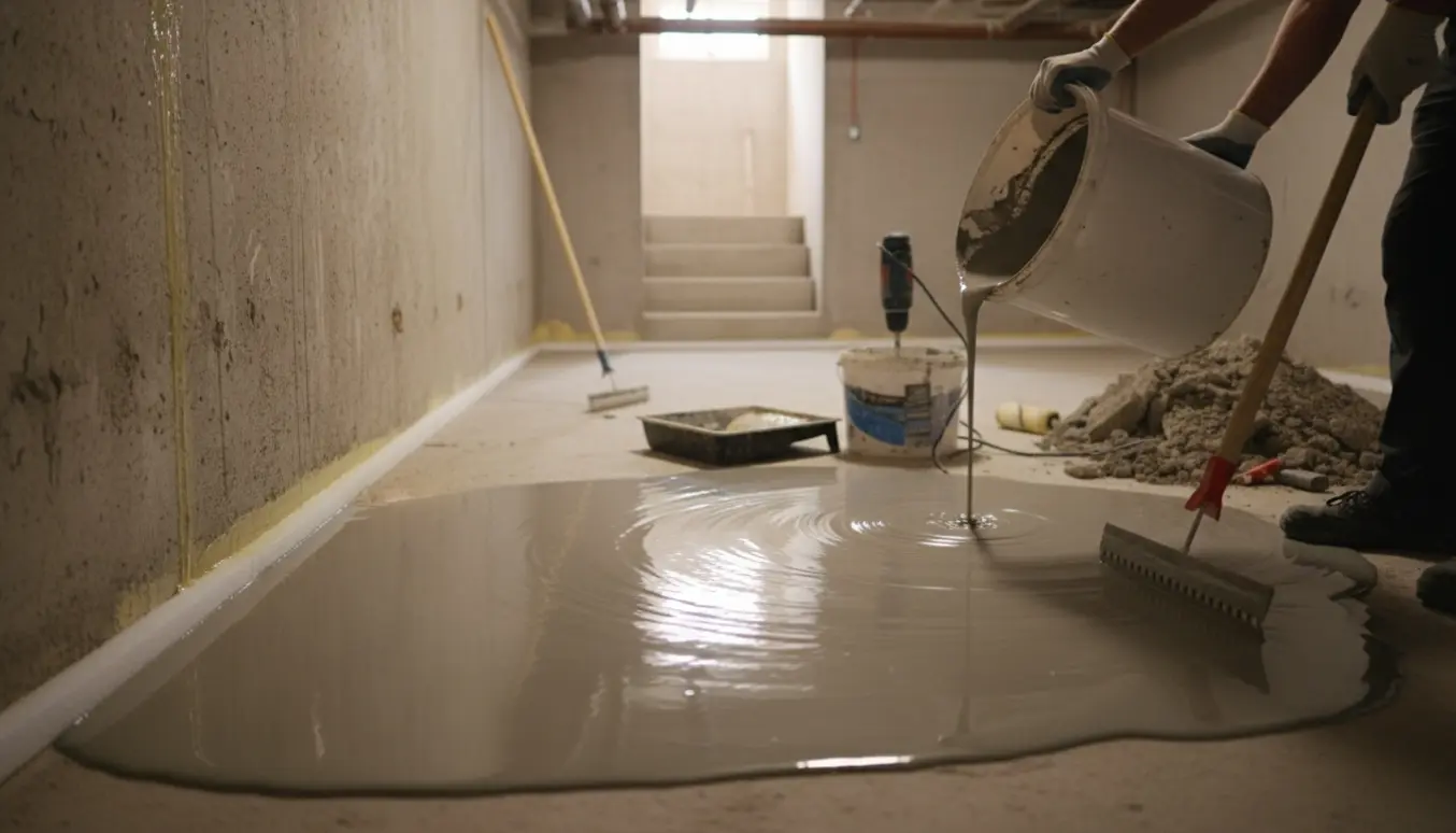 Kælder under gulvrenovering med primer og våd selvnivellerende flydespartel på betongulvet.